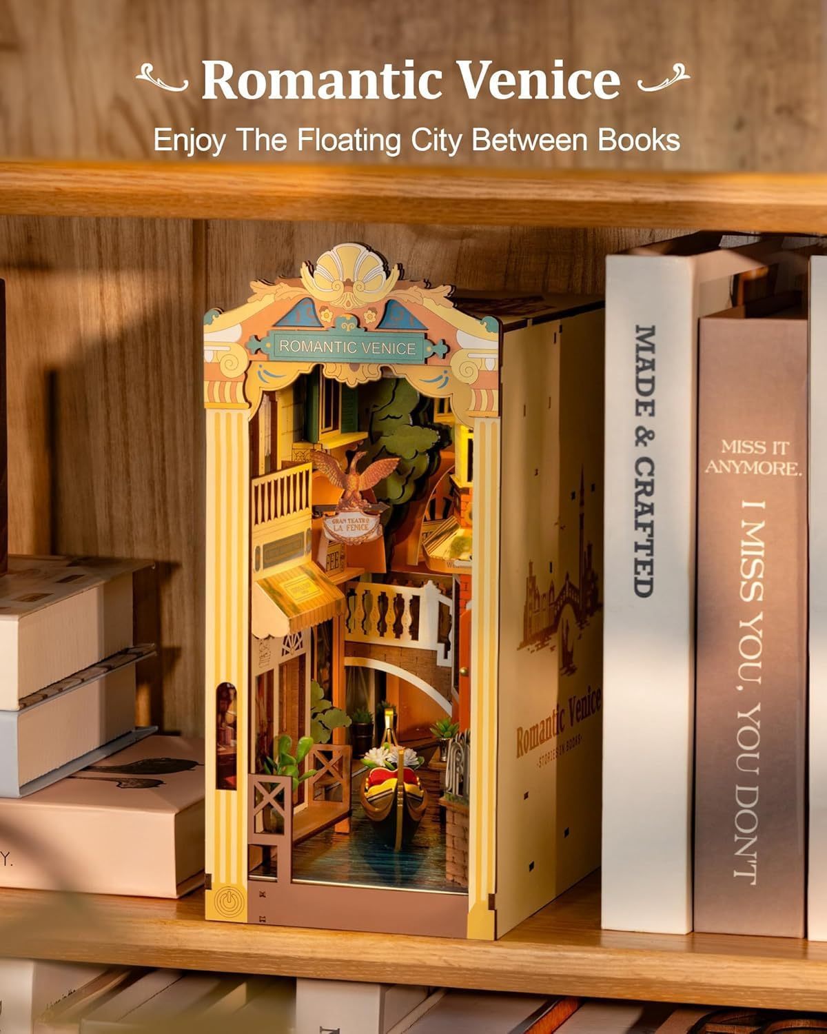 ROBOTIME Book Nook Kits For Adults Romantic Venice With Dust Cover, Booknook DIY Miniature House Kit 3D Wooden Puzzle Bookend Bookshelf Decoration Gifts TGB08