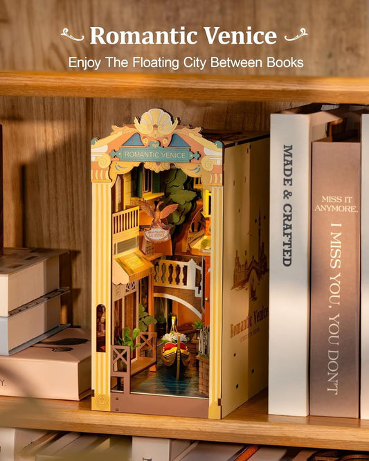 ROBOTIME Book Nook Kits For Adults Romantic Venice With Dust Cover, Booknook DIY Miniature House Kit 3D Wooden Puzzle Bookend Bookshelf Decoration Gifts TGB08